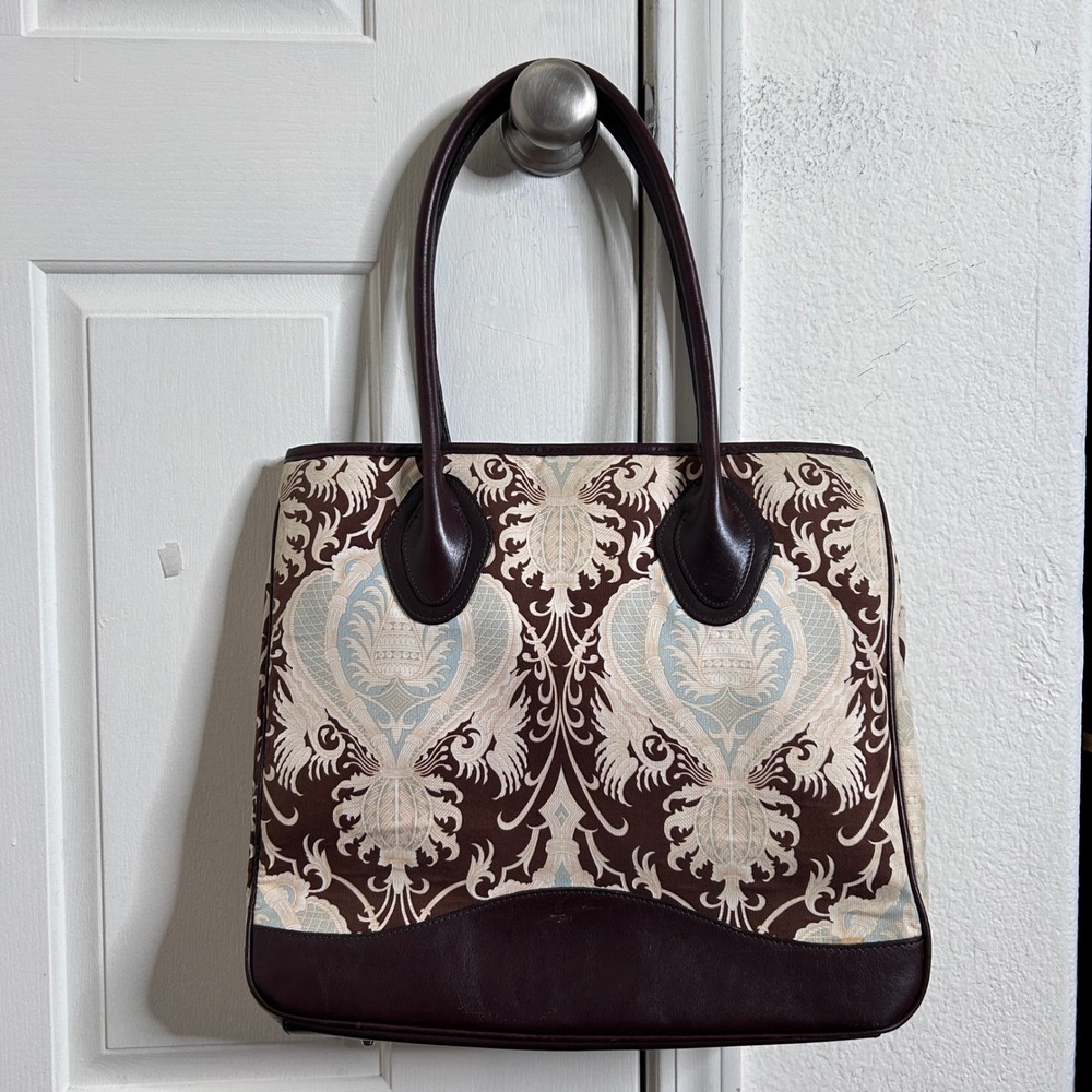 VTG Glenda Geis Tapestry Damask Women's Tote Bag Brown Floral Leather Trim‎ Boho